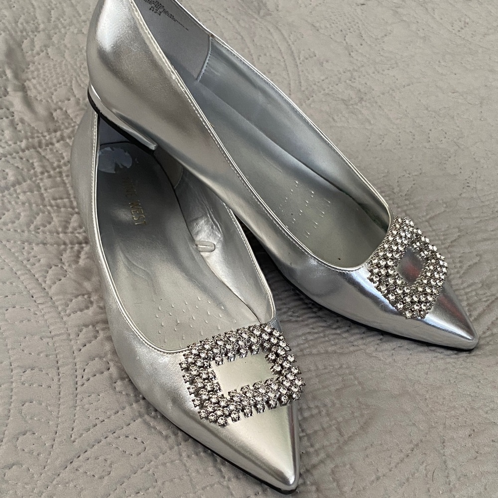Nine West Silver Flats with Rhinestone Buckle